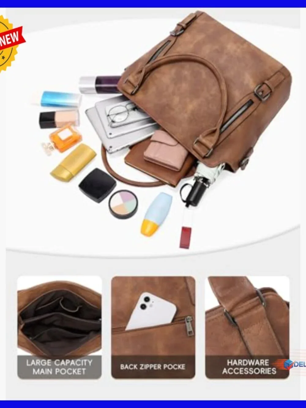 Large Vegan Leather Hobo Tote with Adjustable Strap, Multiple Pockets
